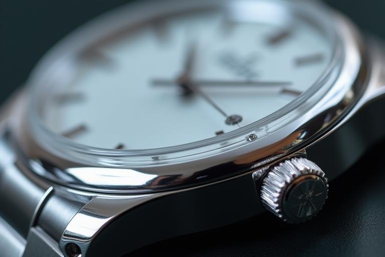 Close-up of polished stainless watch case
